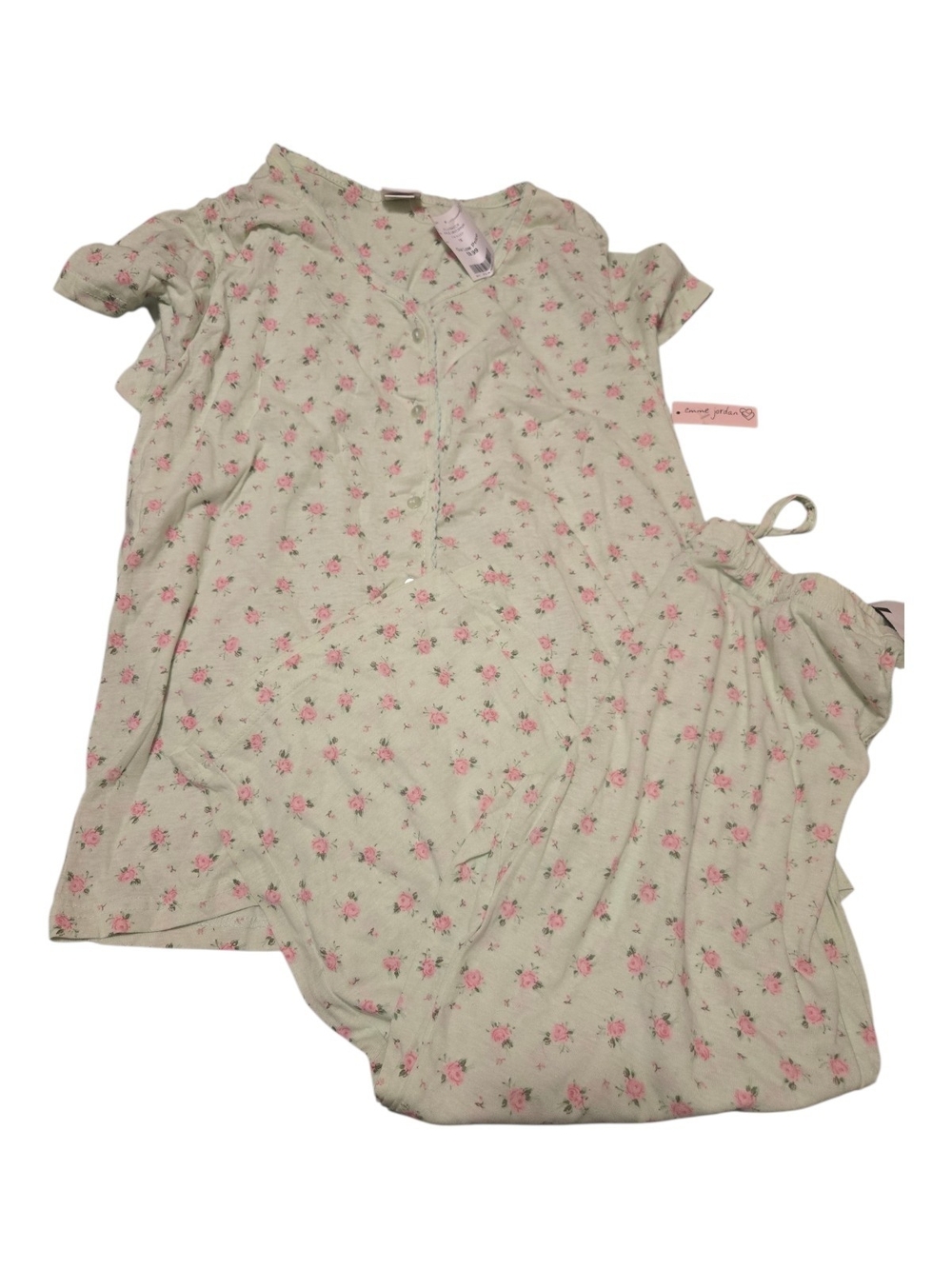 Womens Floral Pajama Set - Light Mint with Pink Rose Print